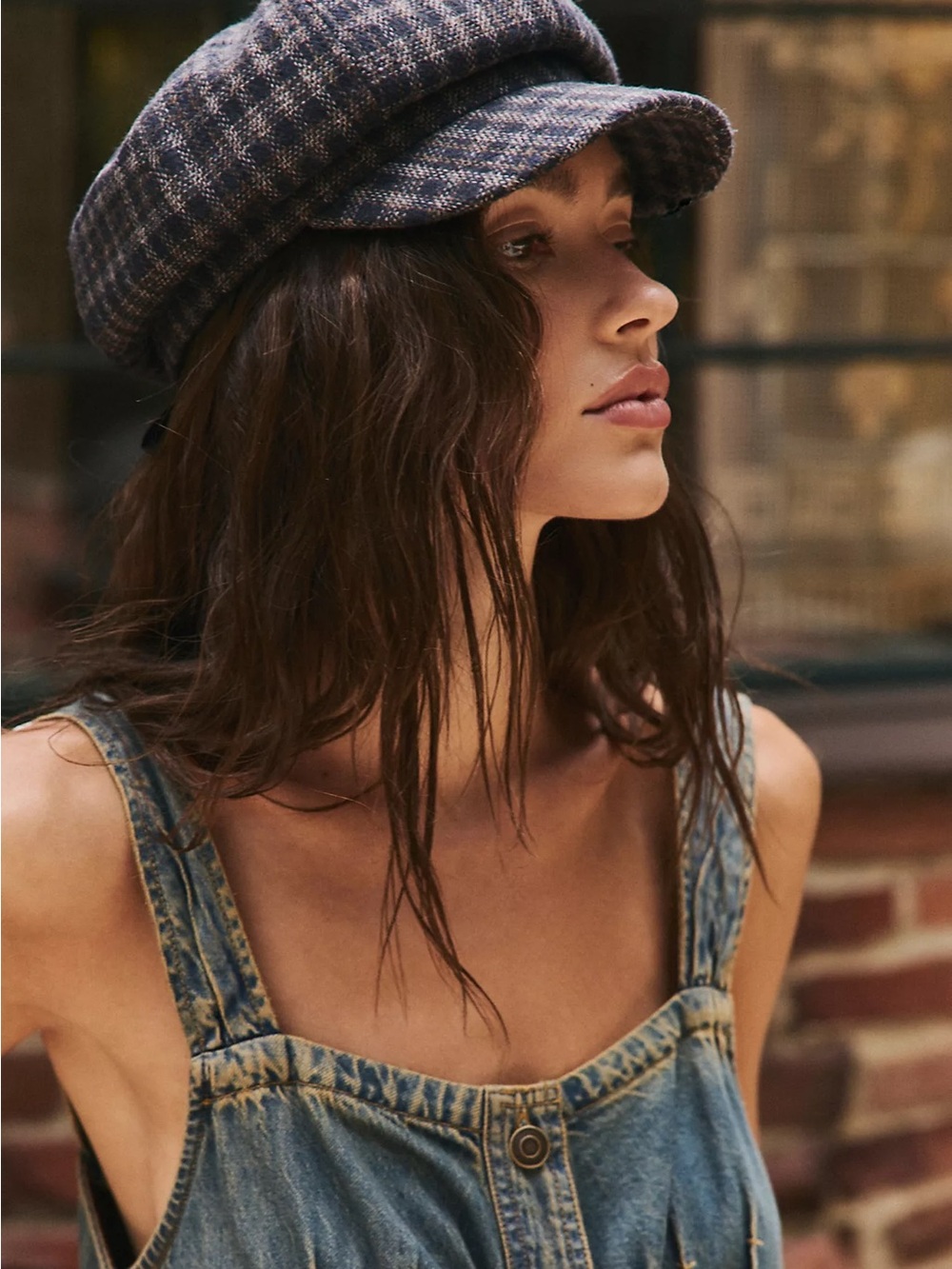 Free People Blue Plaid Newsboy Cap